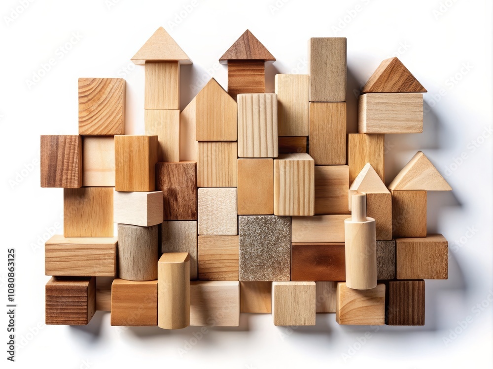 Creative Arrangement of Wooden Building Blocks Isolated on White Background for Architectural Design Concepts and Creative Projects Creative Arrangement of Wooden Building Blocks Isolated on White Background for Architectural Design Concepts and Creative Projects