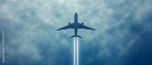 An airplane flying high above the clouds, leaving a contrail behind against a blue sky. Concept Airplane Contrails, Blue Sky Aesthetics, High Altitude Travel, Cloudscapes, Aviation Photography