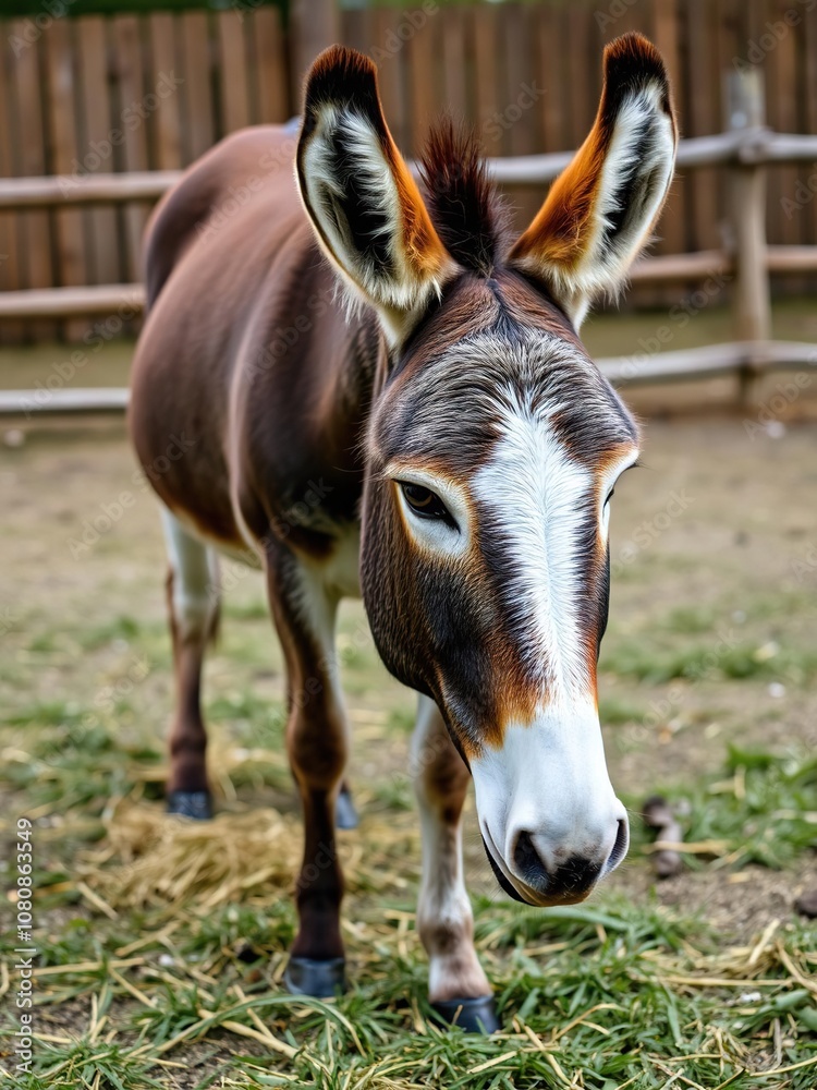 A donkey peacefully grazing on grass and hay inside a fenced enclosure, farm, domestic, herbivore A donkey peacefully grazing on grass and hay inside a fenced enclosure, farm, domestic, herbivore