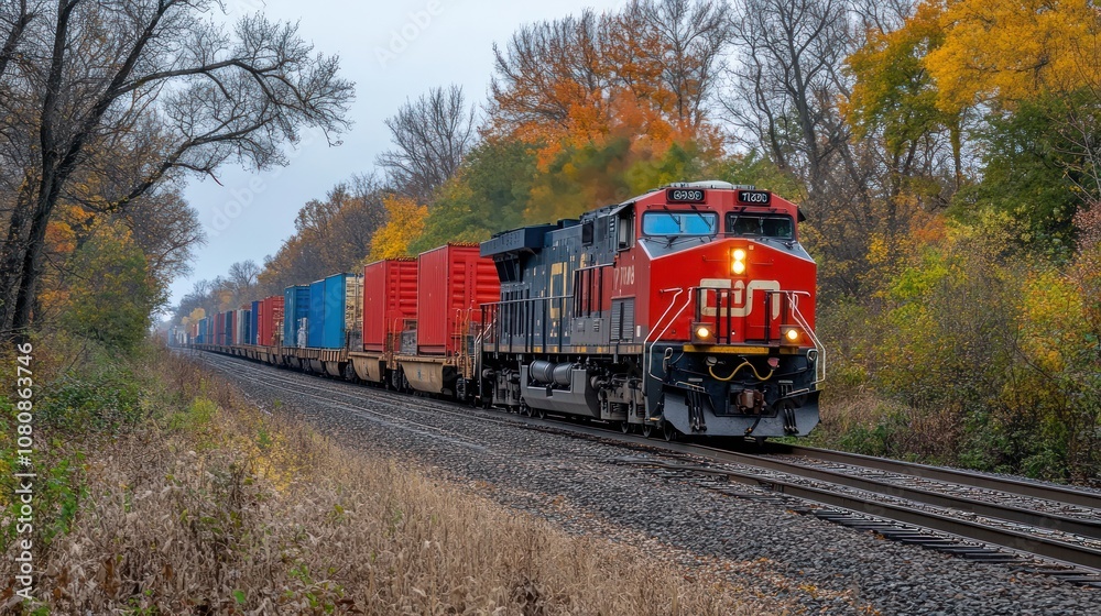 Obraz premium Freight Train Rolling Through Autumn
