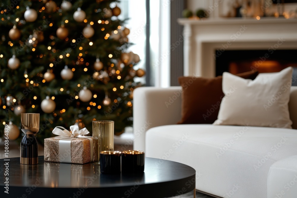A contemporary room with a glowing Christmas tree, surrounded by wrapped gifts and ornamented candles, creating a serene and inviting holiday environment. A contemporary room with a glowing Christmas tree, surrounded by wrapped gifts and ornamented candles, creating a serene and inviting holiday environment.