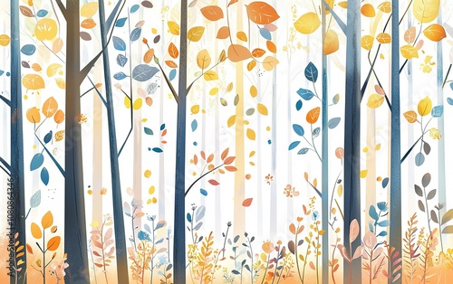 Autumn forest landscape showcasing vibrant foliage and serene atmosphere during golden hour