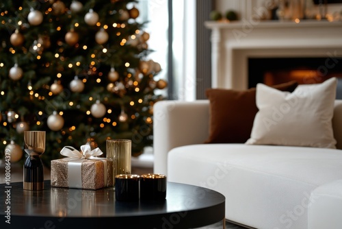 A contemporary room with a glowing Christmas tree, surrounded by wrapped gifts and ornamented candles, creating a serene and inviting holiday environment.