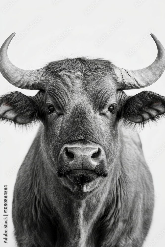 Close-up black and white photo of a bull.