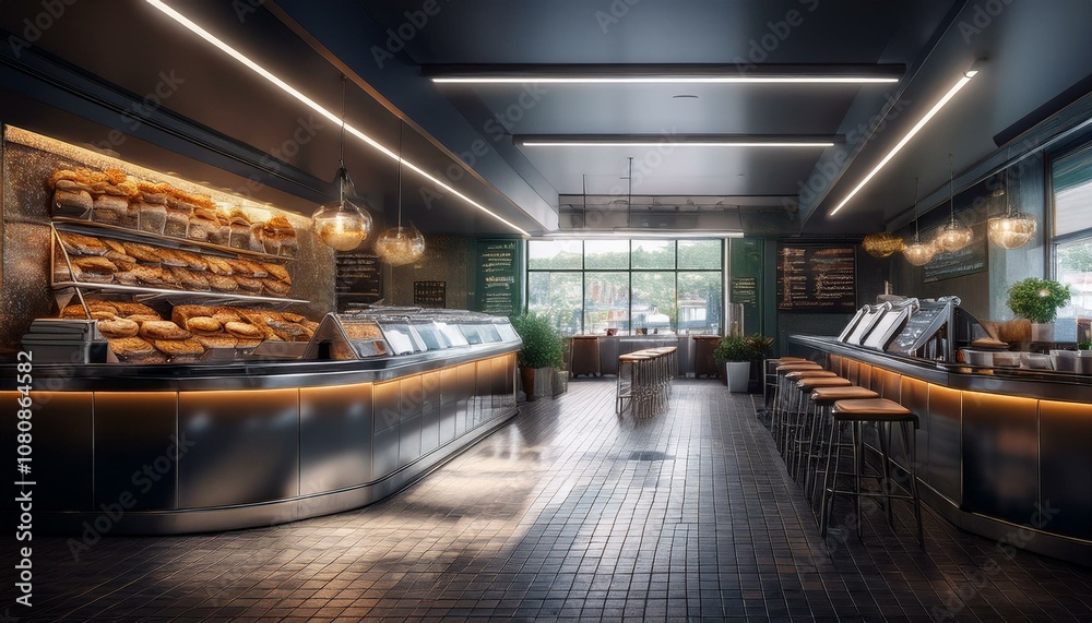 An interior photo of a fast food restaurant counter is in the middle of the screen. An interior photo of a fast food restaurant counter is in the middle of the screen.