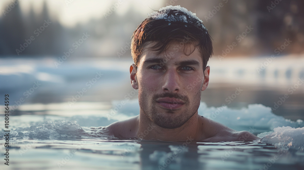 Fototapeta premium Young man submerged in ice-cold water, serene expression.