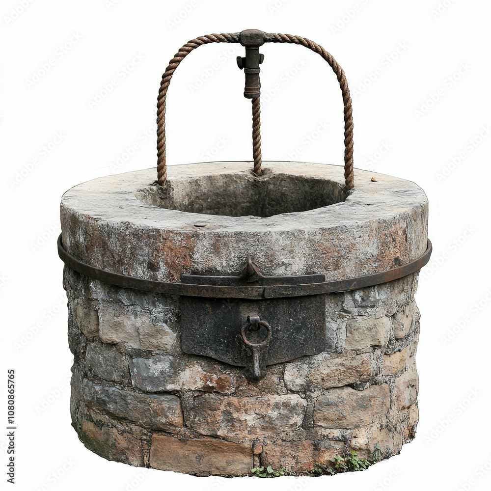 Stone well with rope and metal handle. Stone well with rope and metal handle.