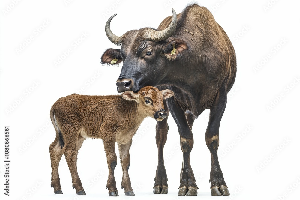 A cow and calf stand together. A cow and calf stand together.