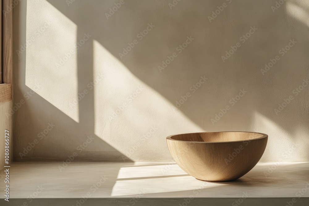 Wooden Bowl on a White Surface with Sunlight Streaming Through a Window