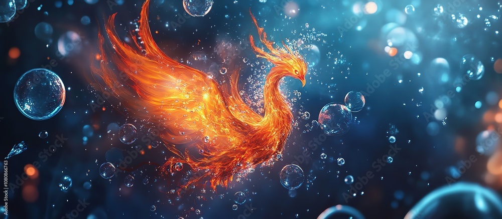 A fiery phoenix emerging amidst bubbles in a mystical setting. A fiery phoenix emerging amidst bubbles in a mystical setting.