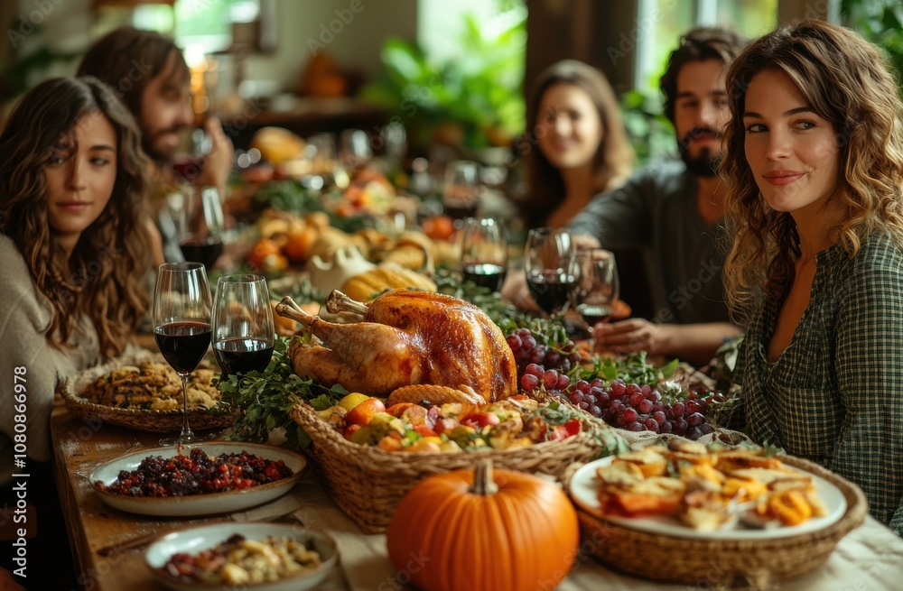 Family gathering around festive table with delicious Thanksgiving feast Family gathering around festive table with delicious Thanksgiving feast