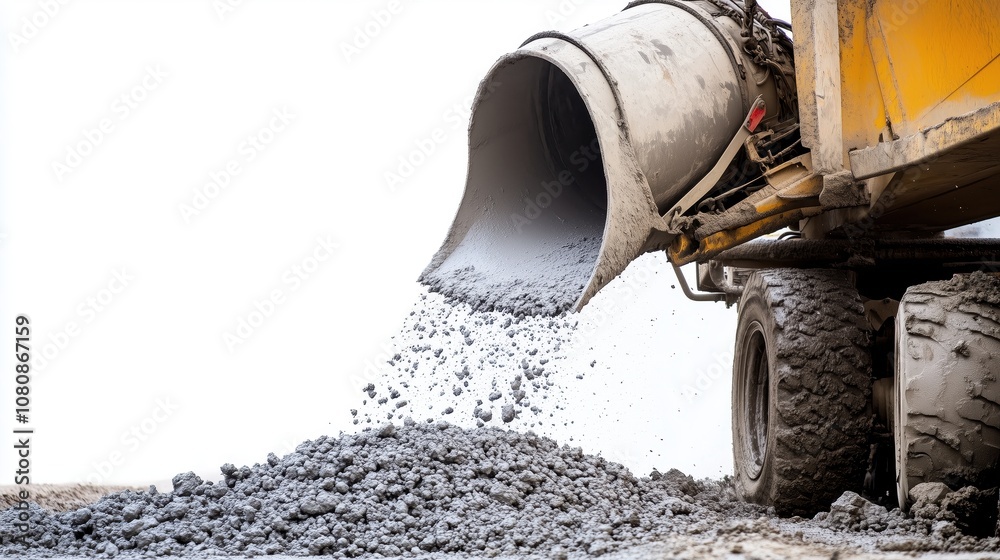 A cement mixer is pouring concrete into a pile. The mixer is yellow and has a large bucket A cement mixer is pouring concrete into a pile. The mixer is yellow and has a large bucket