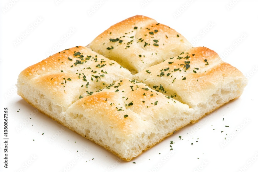 Freshly Baked Artisan Focaccia Bread Slice with Olive Oil Drizzle and Herbs on White Background Perfect for Italian Cuisine and Culinary Displays