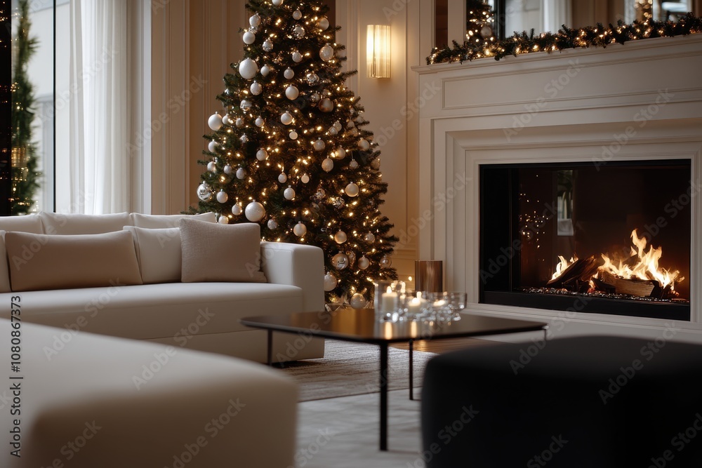 A warm and inviting living room featuring a stunningly lit Christmas tree, elegantly blending with modern decor to create a cozy atmosphere for the festive season. A warm and inviting living room featuring a stunningly lit Christmas tree, elegantly blending with modern decor to create a cozy atmosphere for the festive season.