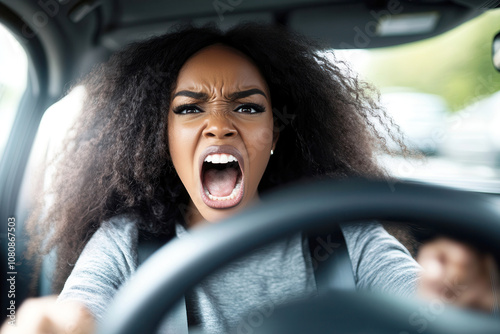 African american Angry woman shouting while driving car photo