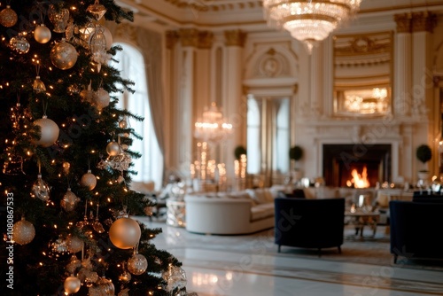 A magnificent and opulent interior showcasing a grand Christmas tree, marked by luxurious furnishings and elegant arches, creating a regal festive atmosphere.