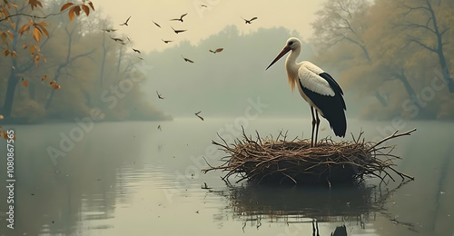 Stork nesting with flock of birds serene lake wildlife photography tranquil environment nature concept photo