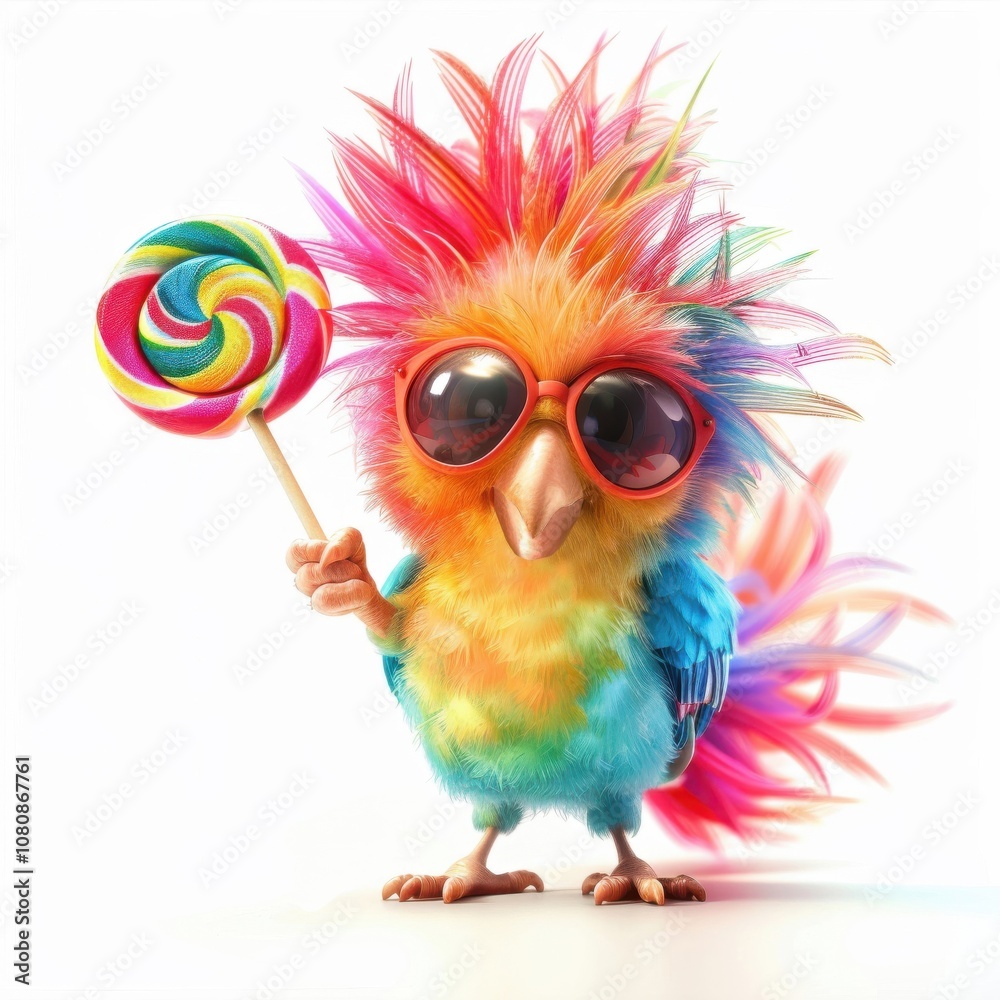 Fototapeta premium A vibrant parrot enjoys a colorful lollipop while sporting funky shades and wild feathers