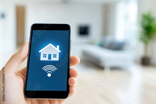 close up of a hand holding smartphone with home control app and WiFi icon, living room in the background