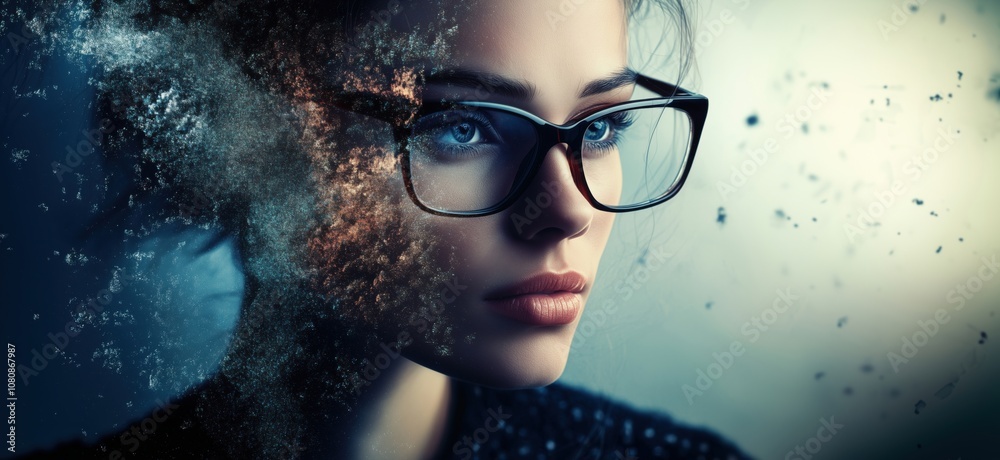 Surreal portrait woman glasses, ethereal beauty, fragmented face, blue eyes, artistic expression, digital art, dreamlike atmosphere Surreal portrait woman glasses, ethereal beauty, fragmented face, blue eyes, artistic expression, digital art, dreamlike atmosphere