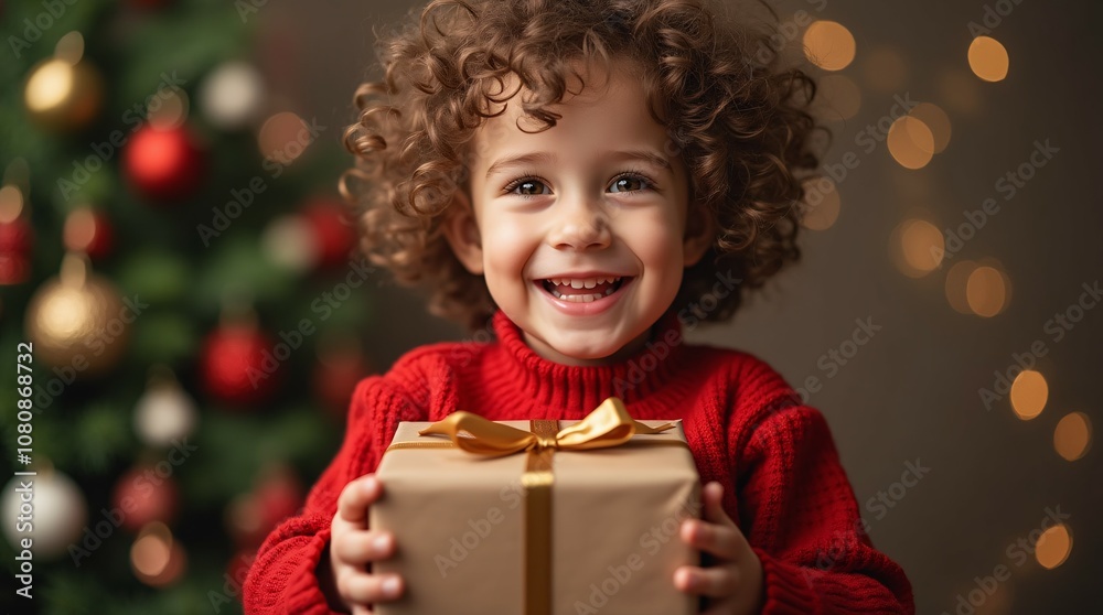 Child Holding a Christmas Gift in Front of a Beautifully Decorated Tree. Child Holding a Christmas Gift in Front of a Beautifully Decorated Tree.
