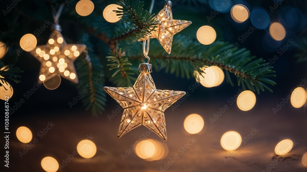 Christmas lights. Stars String Hanging At Fir Branches In abstract Defocused Background Christmas lights. Stars String Hanging At Fir Branches In abstract Defocused Background