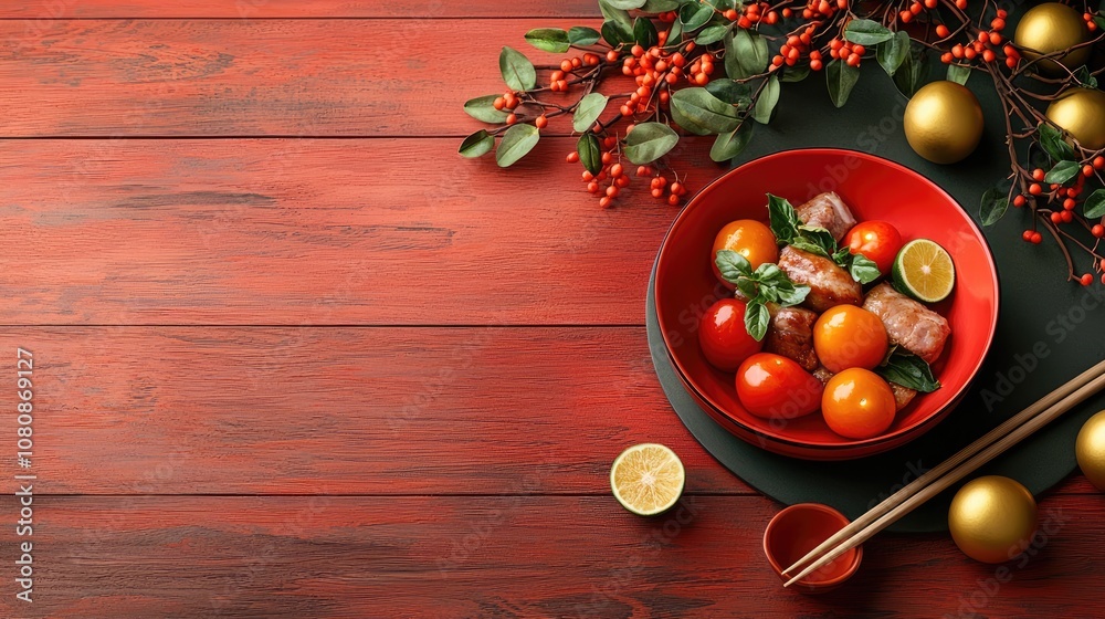 A vibrant, festive scene of a red bowl filled with meat and tomatoes, garnished with lime, set on a rustic wooden table adorned with greenery and golden ornaments. A vibrant, festive scene of a red bowl filled with meat and tomatoes, garnished with lime, set on a rustic wooden table adorned with greenery and golden ornaments.