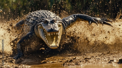 A Crocodile Bursting from the Water with a Splash of Mud