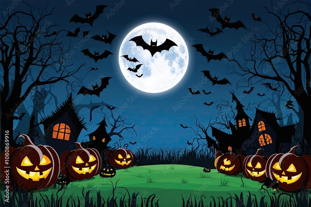 Fototapeta premium Haunted Halloween Forest at Night with Bats and Full Moon