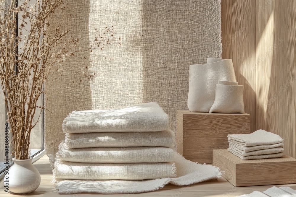 White Fabric Stacked on Wooden Platforms with Dried Flower Arrangement in Vase