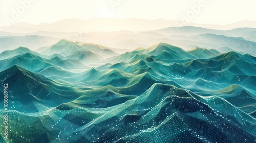Abstract digital landscape with a blue and green color scheme and a misty, hazy background.
