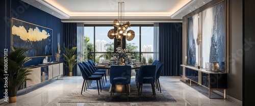 Modern dining room interior with blue and gold accents and a cityscape view. photo