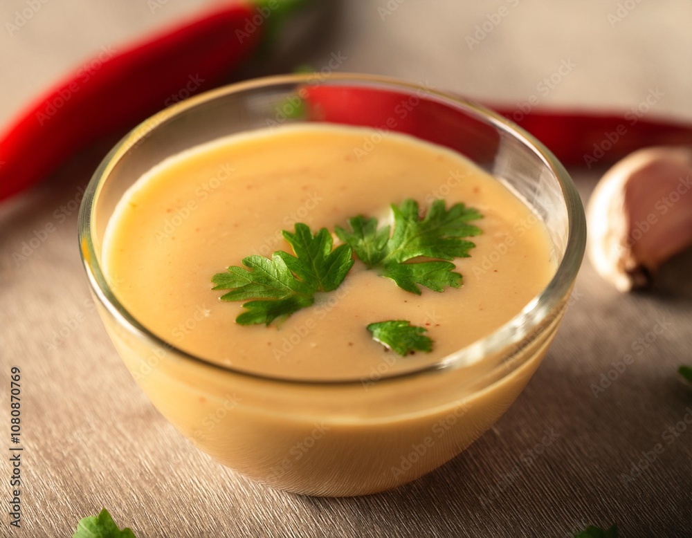 Refreshing Leche de Tigre in a Light Glass Bowl, Paired with Fresh Coriander and Red Chili for a Zesty Peruvian Appetizer, Captured in Soft, Bright Light Refreshing Leche de Tigre in a Light Glass Bowl, Paired with Fresh Coriander and Red Chili for a Zesty Peruvian Appetizer, Captured in Soft, Bright Light