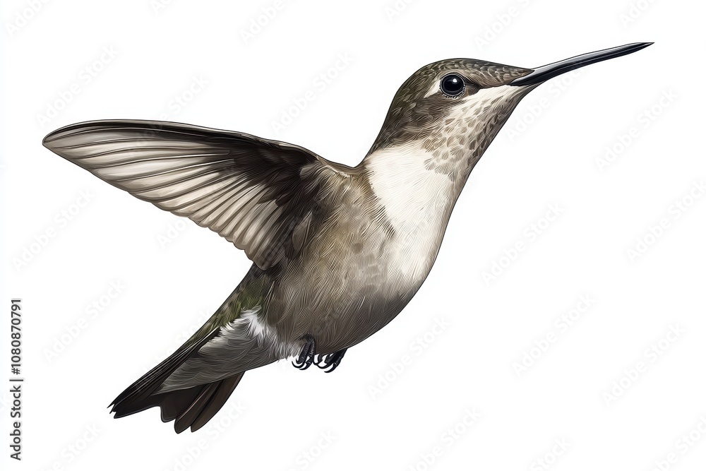 Detailed Illustration of a Beautiful Hummingbird in Mid-Flight with Flapping Wings and Intricate Feather Patterns Captured Against a Clean White Background Detailed Illustration of a Beautiful Hummingbird in Mid-Flight with Flapping Wings and Intricate Feather Patterns Captured Against a Clean White Background