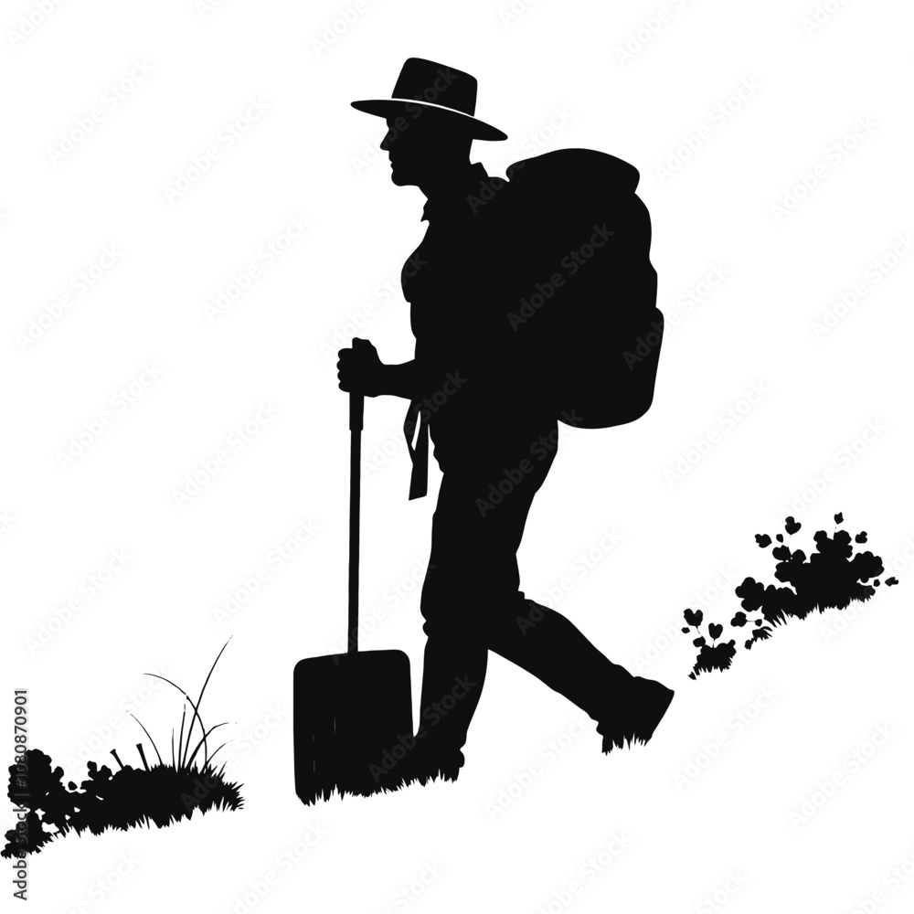 a black silhouette of a man hiking on a hill. a black silhouette of a man hiking on a hill.