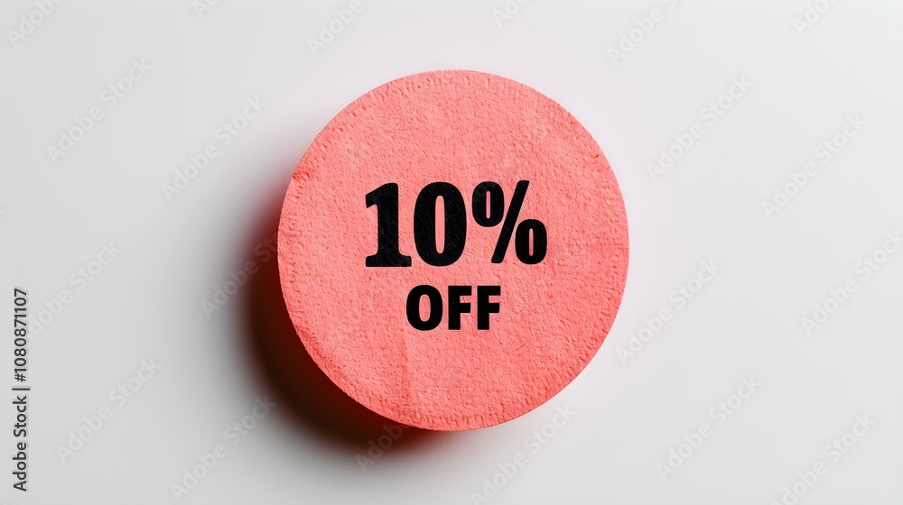 Black '10% OFF' Text on a Light Red Round Paper Note. White Background with Copy Space Black '10% OFF' Text on a Light Red Round Paper Note. White Background with Copy Space