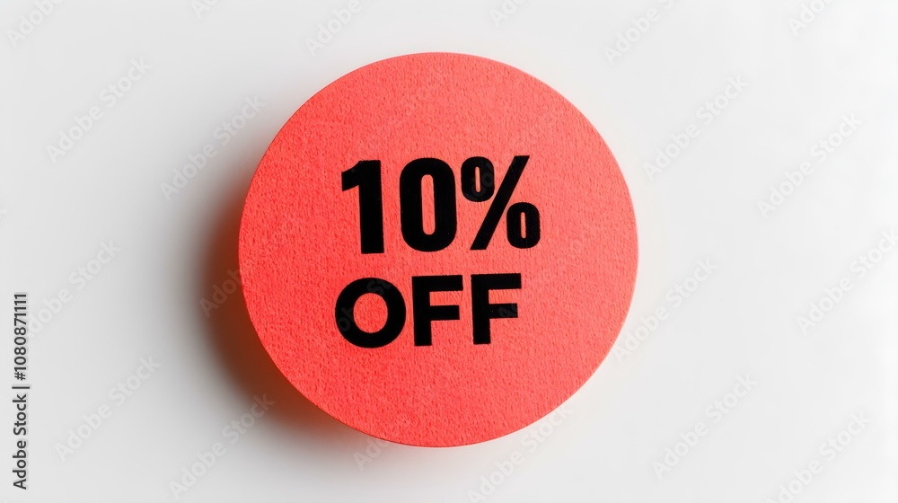 Black '10% OFF' Text on a Light Red Round Paper Note. White Background with Copy Space Black '10% OFF' Text on a Light Red Round Paper Note. White Background with Copy Space