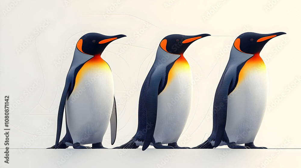 Fototapeta premium Three Penguins Standing on a White Background Illustration