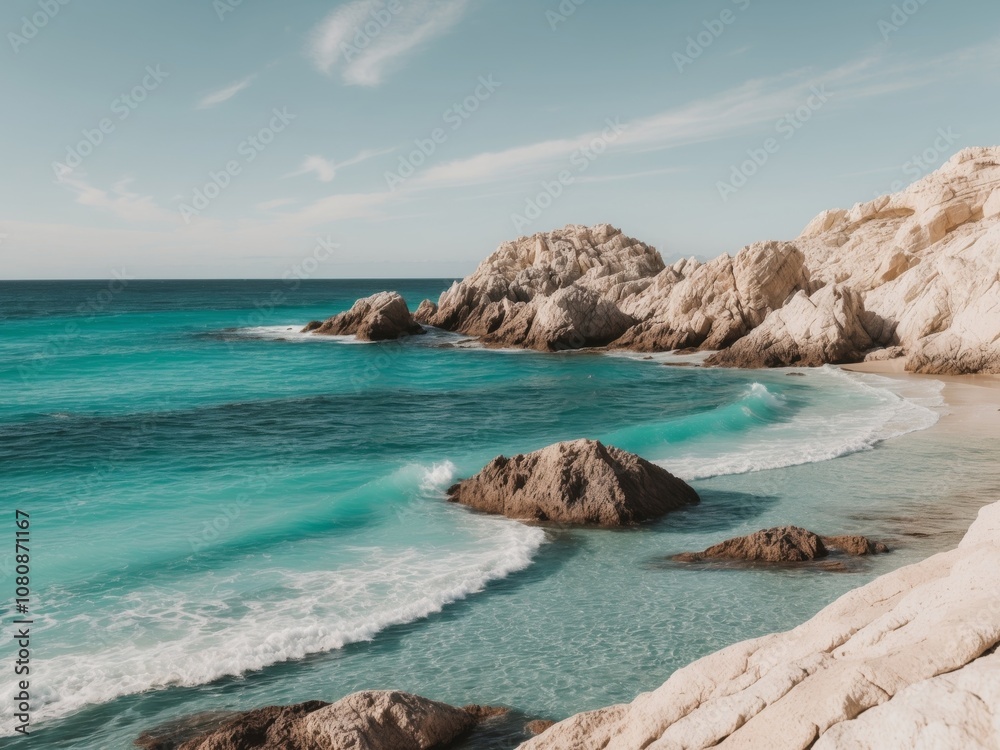 Obraz premium Rocky coastal scene with clear turquoise water showcasing rugged beauty and natural serenity ideal for travel beach life and nature exploration themes.