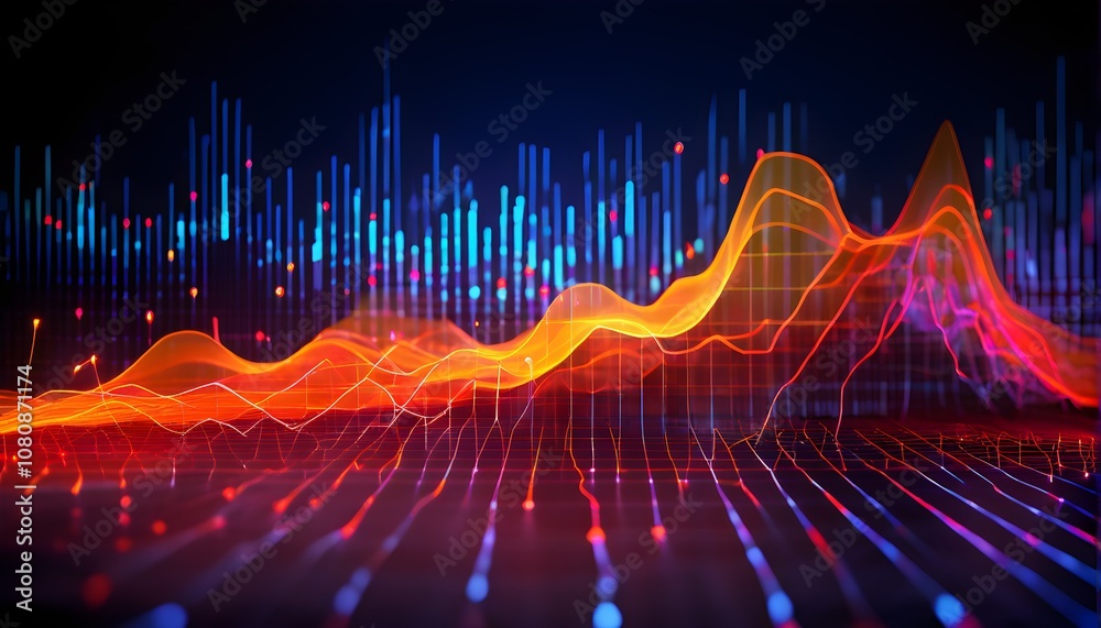 Naklejka premium A dynamic graph with fluctuating data points in vibrant colors, symbolizing real-time AI data analysis