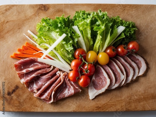 A wooden cutting board topped with meat and vegetables. photo