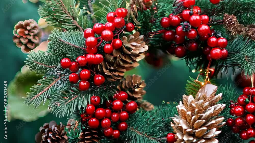 a christmas wreath with red berries and pine cones on a green background. generative ai Video a christmas wreath with red berries and pine cones on a green background. generative ai Video