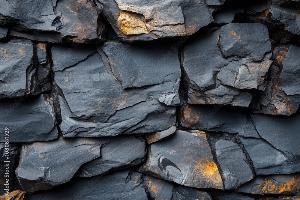 Close-up view of a dark grey stone wall revealing a rough texture and golden stripes, creating a dramatic and natural backdrop Close-up view of a dark grey stone wall revealing a rough texture and golden stripes, creating a dramatic and natural backdrop