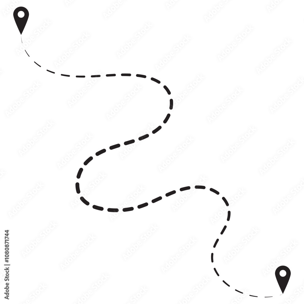 Naklejka premium Route icon - two points with dotted path and location pin. Route location icon two pin sign and dotted line.Travel vector icon.Travel from start point and dotted line. vector illustration . EPS 10.