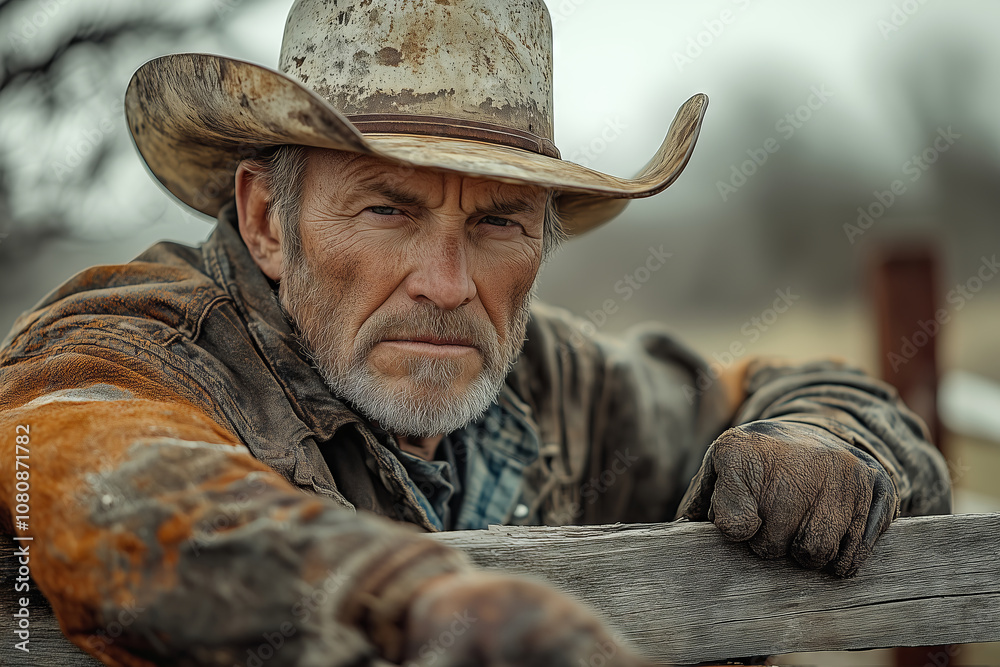 Rancher focused on repairing a corral under a cloudy sky at dawn Rancher focused on repairing a corral under a cloudy sky at dawn