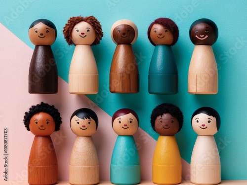 eight colorful wooden peg dolls on vibrant turquoise background for diversity and inclusion concept. photo