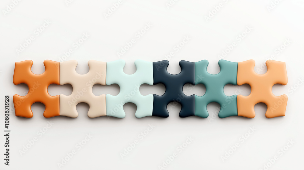 Row of colorful and glossy puzzle pieces with orange, beige, light blue, dark blue, and teal tones in a seamless arrangement on a white background. Row of colorful and glossy puzzle pieces with orange, beige, light blue, dark blue, and teal tones in a seamless arrangement on a white background.