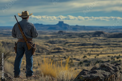 A cowboy gazes across the vast, rugged landscape at sunset in the west