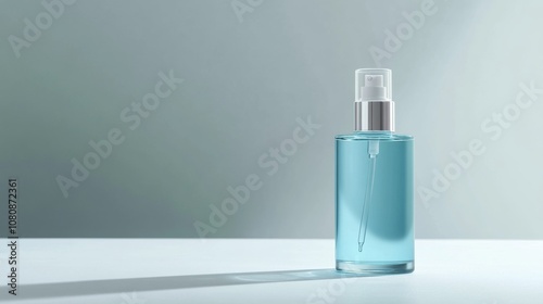 Blue Cosmetic Bottle with Spray Pump on a Minimalist Background