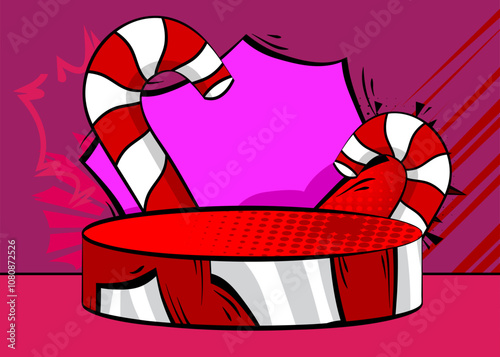 Comic Book Product podium stage for mockup presentation with Candy cane. Retro comics background.